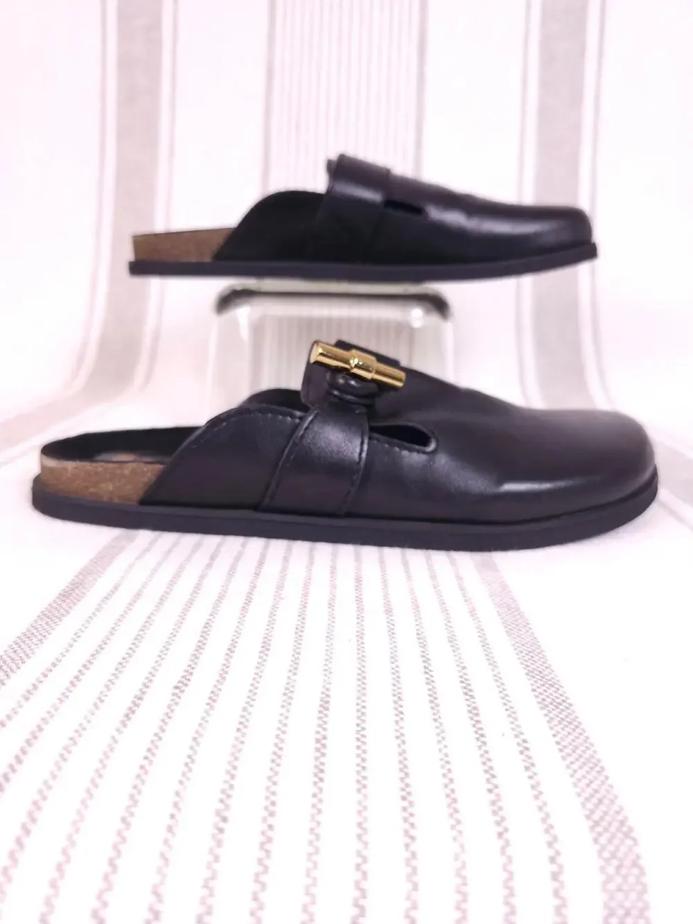 Zara Shoes Womens 10 Black Clogs Vegan Leather Mules Slide Cork Gold Toggle